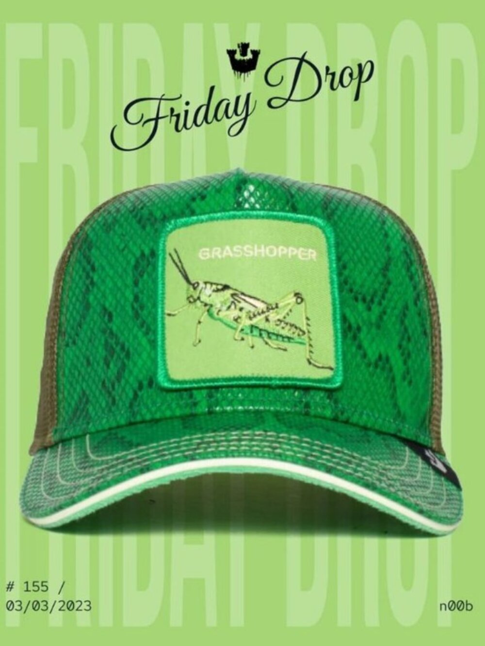 New In Box Limited Edition Goorin Bros "nOOb” Grasshopper Trucker Hat